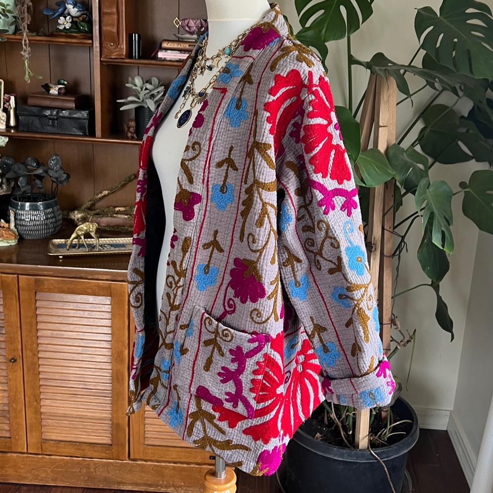 She’s1Oak Fine Kantha Suzani Embroidered Multicolor Short Jacket Kimono XS-L - Picture 12 of 16